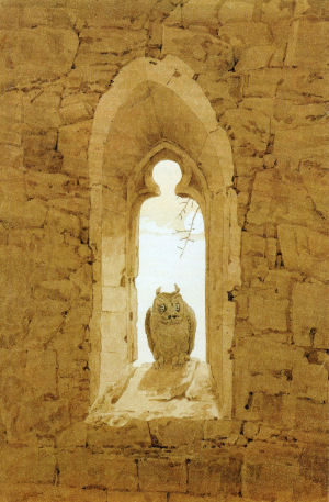 Caspar David Friedrich,  Eule in gotischem Fenster